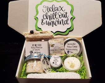 Relax Chill Out and Unwind gift box handmade soap candle lip balm lotion. Spa gift box for that someone special in your life