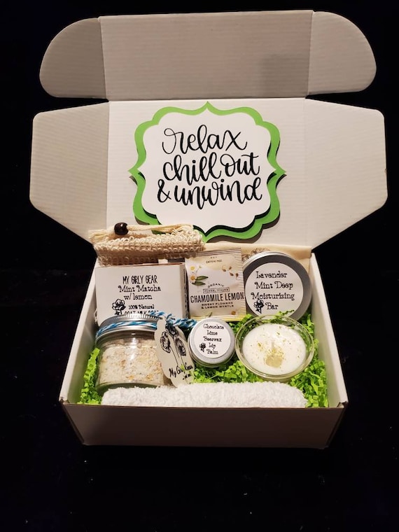 Relax Chill Out and Unwind gift box handmade soap candle lip balm lotion. Spa gift box for that someone special in your life