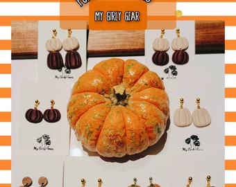 Pumpkin Earrings all decorated for Fall. Dangle or dangle post style handmade polymer clay earrings with matte finish.