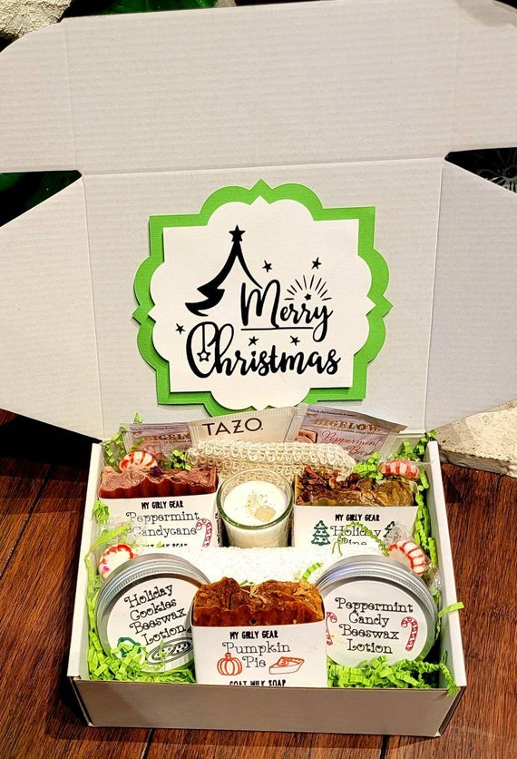 Merry Christmas Gift Box with holiday scented soaps and Lotion Bars All natural handmade skincare