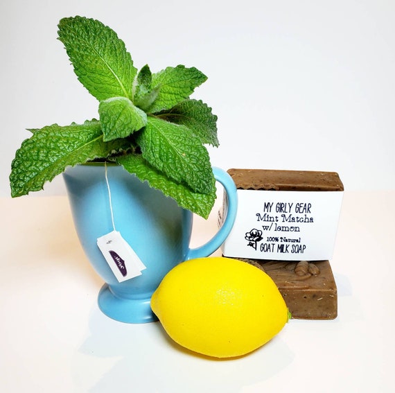 Goat milk Mint Matcha Tea w/ Lemon goat milk soap. All natural cold process small batch soap w/ match tea, dried mint & essential oils