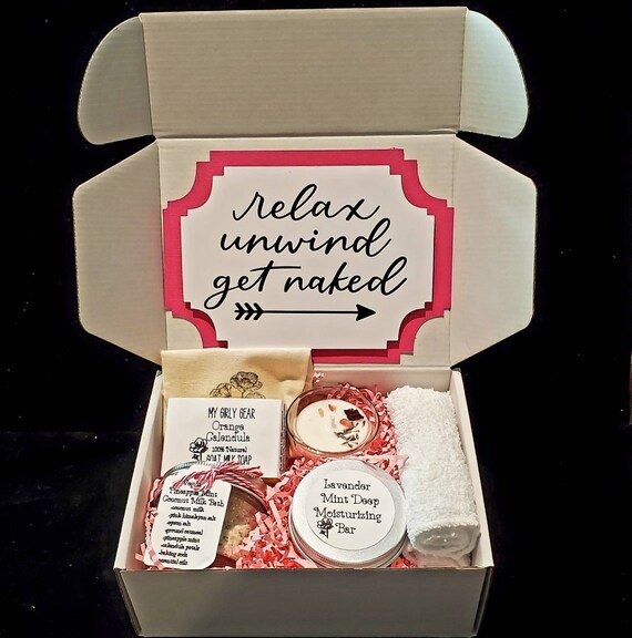 Bath and body "Relax Unwind Get Naked" gift box filled with all natural handmade soap, Milk bath tea, lotion and more custom gift box