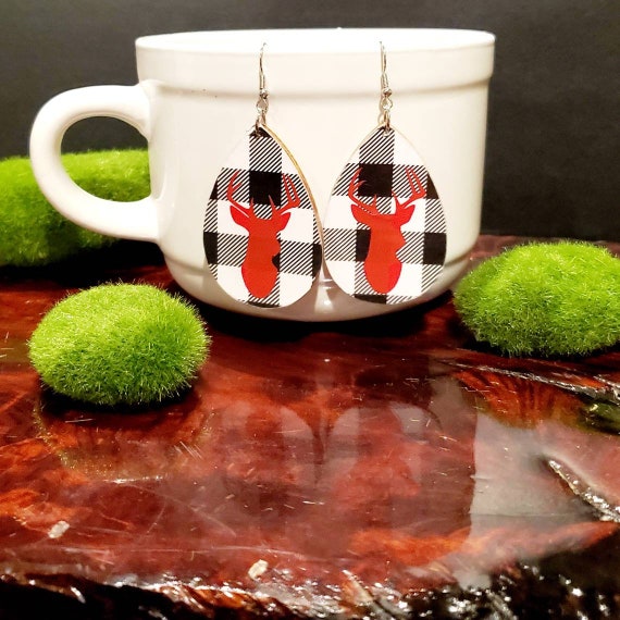 Deer earrings on buffalo check teardrop shaped wood slice earrings with red deer head on 2 inch earrings lightweight