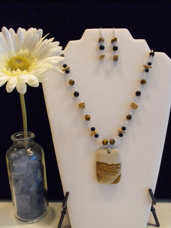 Picture Jasper Pendant with Tigers Eye Black Agate and Picture Jasper Necklace and Earrings