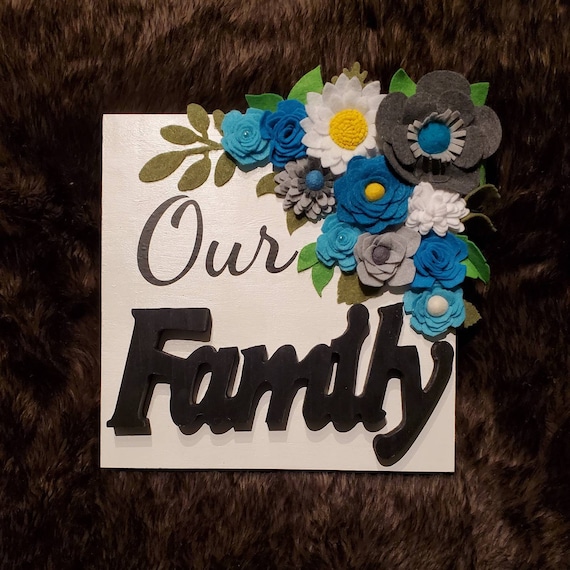 Our Family felt flower wood sign white, black, gray and teal. 12×12 canvas style wood sign free shipping handmade flowers 3d Family sign