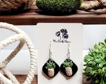 Cute potted plant, polymer clay,black and tan dangle earrings. surgical steel post. House plant earrings hand sculpted pot and plant