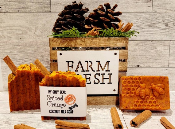 Spiced Orange Coconut Milk Bar Soap (Non-Vegan) Cold process soap natural colored w/annatto seed powder and scented with essential oils
