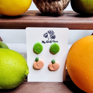 Polymer Clay Fruit Stud Earrings: Lime & Peach, Surgical Steel Posts
