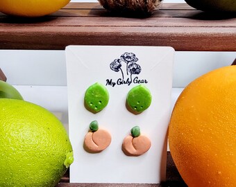 Pair of fruit stud post set, green, lime earrings,  and red and green watermelon earrings. Surgical steel posts.