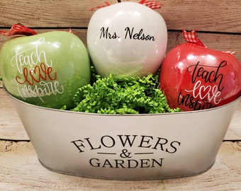 Teacher gift Personalized ceramic apple in 4 color choices. Teach Inspire Love on front and teachers name on back.