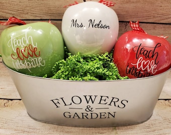 Teacher gift Personalized ceramic apple in 4 color choices. Teach Inspire Love on front and teachers name on back.