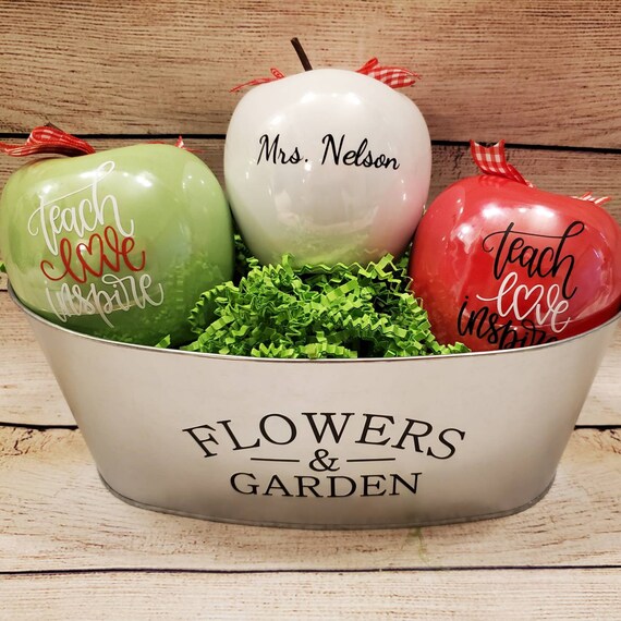 Teacher gift Personalized ceramic apple in 4 color choices. Teach Inspire Love on front and teachers name on back.