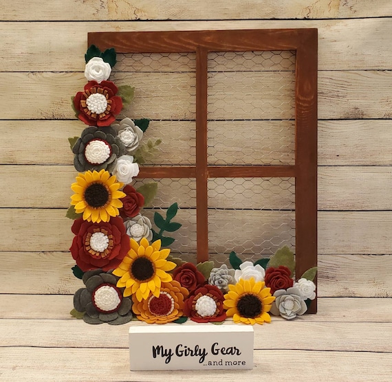 Felt flower sunflower window look chicken wire wood frame wall decor wall hanging wedding nursery and home decor all flowers handmade by me.