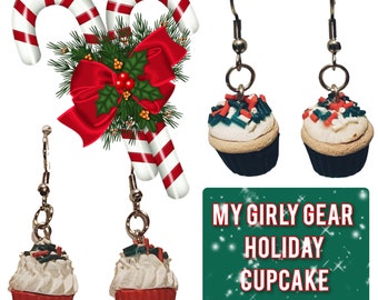 Mini Christmas Cupcake earrings in 2 styles, one frosted w/ sprinkles one whipped frosting w/sprinkles on top. Handmade earrings.