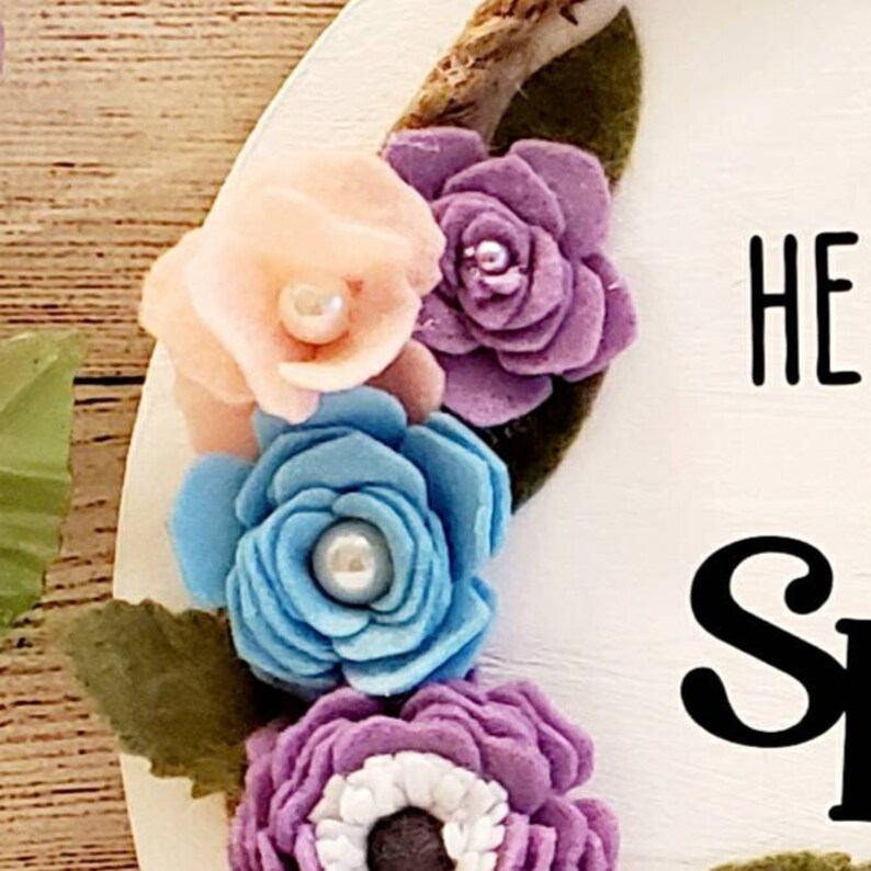 Hello Spring Round Sign Pastel Felt Flowers in Pink Lavender and Blue ...