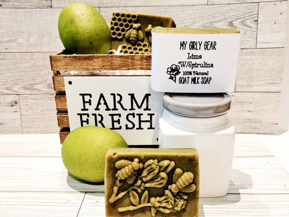 Lime scented goat milk bar soap with spuralina handmade cold process all natural soap scented with essential oils and lime zest
