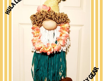 Hula Luau Gnome door hanger wreath or wall decor gnome w/ hula grass skirt and Lei. Free Shipping