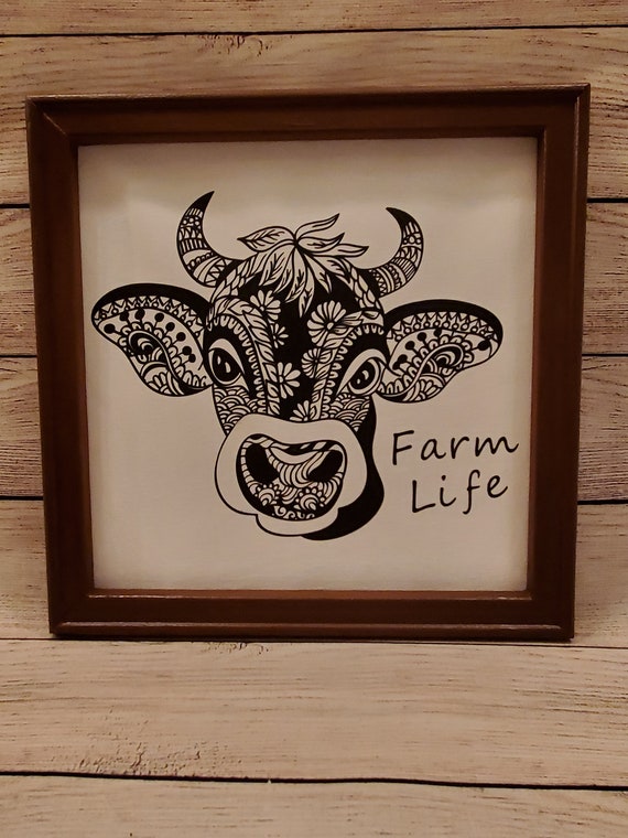Cow mandala on canvas wall decor Farm Life with brown wood frame 12×12 HTV/IRON ON on canvas