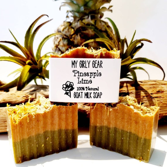 Pineapple Lime goat milk soap bar with turmeric and spuralina. All natural handmade cold process soap essential oils coconut oil, olive oil