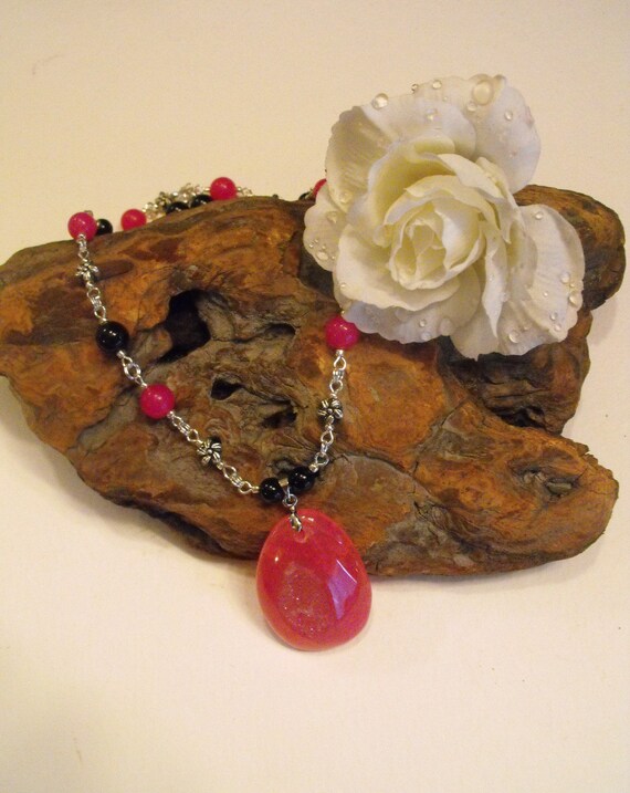 Pink Geode Pendant with Black Agate and Pink Jade and Tibetan Silver Necklace
