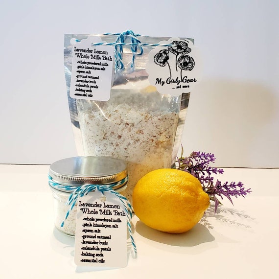Lavender Lemon Whole Milk Bath Tea with pink himalayan salt, oatmeal and Lavender buds and calendula petals and essential oils and more