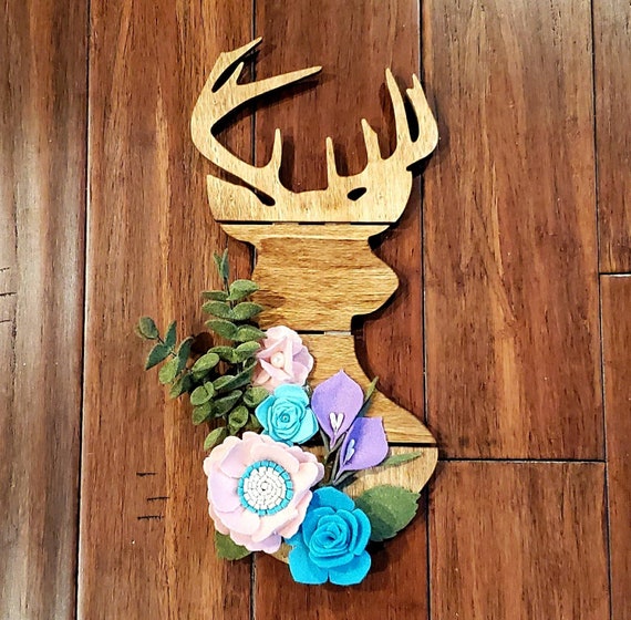Deer head felt flower wall decor free shipping stained slatted wood deer handmade felt flowers and eucalyptus home decor nursery decor