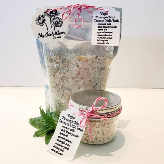 Vegan Pineapple Mint Coconut Milk Bath Tea with flower petals, oatmeal,  pink salt, epson salt, Pineapple mint  and essential oils