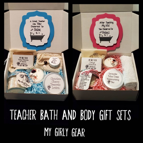 Teachers gift box of handmade all natural bath and body products bar soap, beeswax lotion, milk bath tea.