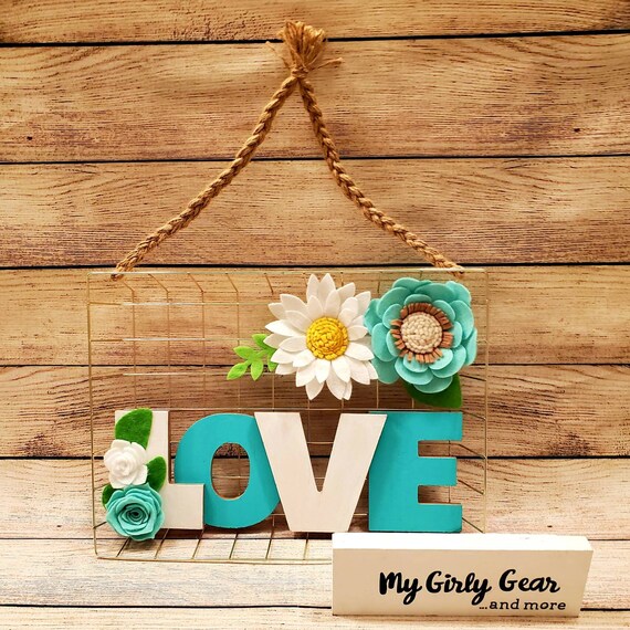 Love sign felt flowers gold wire framed wall decor 3D wood Love painted teal and white with matching felt flowers with twine hanger 12×9 in.