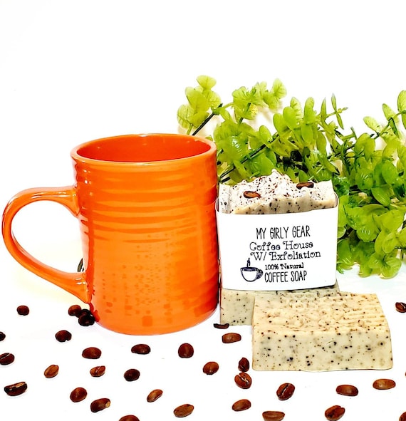 Coffee house soap handmade bar soap w/ coffee exfoliation in bar. All natural vegan soap scented with only essential oils