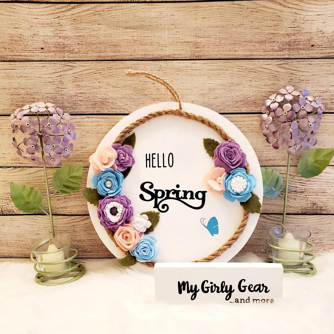 Hello Spring Round Sign Pastel Felt Flowers in Pink Lavender and Blue ...