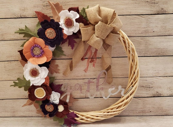 Felt flower wreath. Grapevine wreath with metal Gather in center purple white peach burgundy large full size wreath