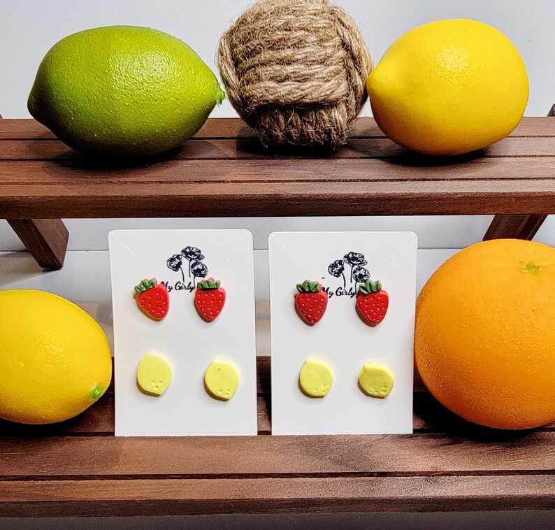 Pair of fruit stud post set, red strawberry earrings and yellow lemon earrings. Surgical steel posts. image 2