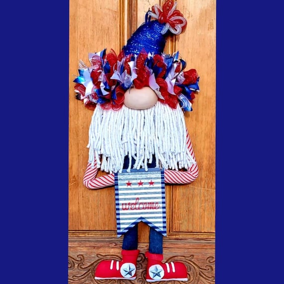 4th of July Gnome Free Shipping Wreath / Door Hanger with metal welcome sign. Gnome with beard arms wearing jeans and red high tops