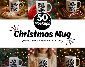 Christmas Mug Mockup Bundle | 50 Mockups Holiday Winter Mug Mockup | Xmas Coffee Mug Mocks | Hot Cocoa Mockup | Canva POD | Instant Download