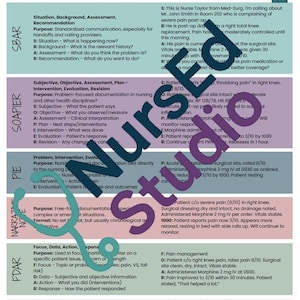 May include: A colorful chart with different nursing documentation methods, including SBAR, SOAPIER, PIE, FDAR, and CBE. The chart explains the purpose, format, and key elements of each method. The chart is titled "Nursing Notes".