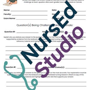 May include: A white form titled "Test Question Challenge Form" with lines for name, faculty, and exam details. Includes instructions and space for challenging questions. A cartoon nurse and stethoscope graphic are present.