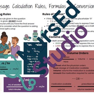 May include: A colourful infographic with illustrations of nurses and medical supplies. The infographic provides rules, formulas, and conversions for dosage calculations. The text includes terms like "rounding rules", "rules of zeros", "comma rules", and "volume orders".