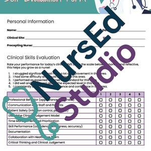 May include: A black and white self-evaluation form for clinical skills. The form includes a rating scale from 1 to 5 for different skills, such as professional behavior, communication, patient safety, and critical thinking. The form also includes a section for self-reflection.