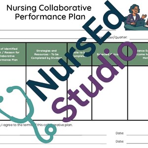 Peut inclure: Un modèle de plan de performance collaboratif en soins infirmiers avec un graphique de stéthoscope turquoise et le logo NursEd Studio. Le plan comprend des sections pour les informations sur les étudiants, les domaines de croissance identifiés, les stratégies et les résultats attendus.
