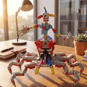 Pode incluir: Uma escultura Lego colorida de uma figura semelhante a um bobo da corte com uma base semelhante a uma aranha. A figura tem um esquema de cores vermelho, branco, azul e amarelo. A escultura está em uma mesa de madeira com uma lâmpada, um caderno e uma planta suculenta no fundo.