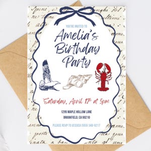 Invitación de cumpleaños náutica de pescador, invitación rústica costera azul y roja, plantilla digital editable minimalista, tarjeta con arte lineal vintage