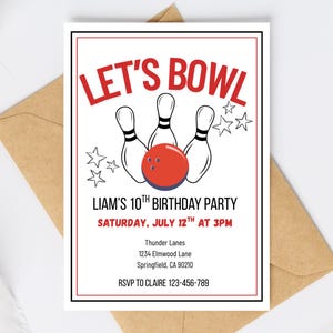 Bowling 10. Geburtstagsparty Digitale Einladung, rote und schwarze bearbeitbare Vorlage, einfache Bowlingkugel und Pins Karte, Canva Sofort-Download