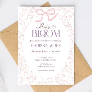 Faire-part numérique bébé en fleurs, modèle floral de baby shower, carte en toile modifiable avec noeud, simple bébé en fleurs coloré
