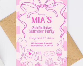 Pink digital slumber party invitation, editable coquette 13th birthday template, pink bow pajamas sleepover fine line invite card