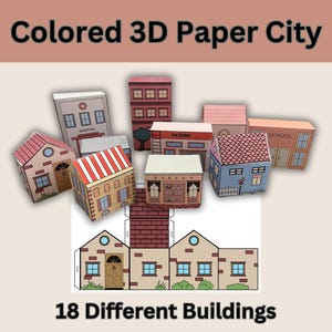 Città di carta 3D colorata, edifici 3D stampabili per lavoretti di carta per bambini, case, negozi, stazioni dei vigili del fuoco e di polizia, 4 modelli vuoti e molto altro!