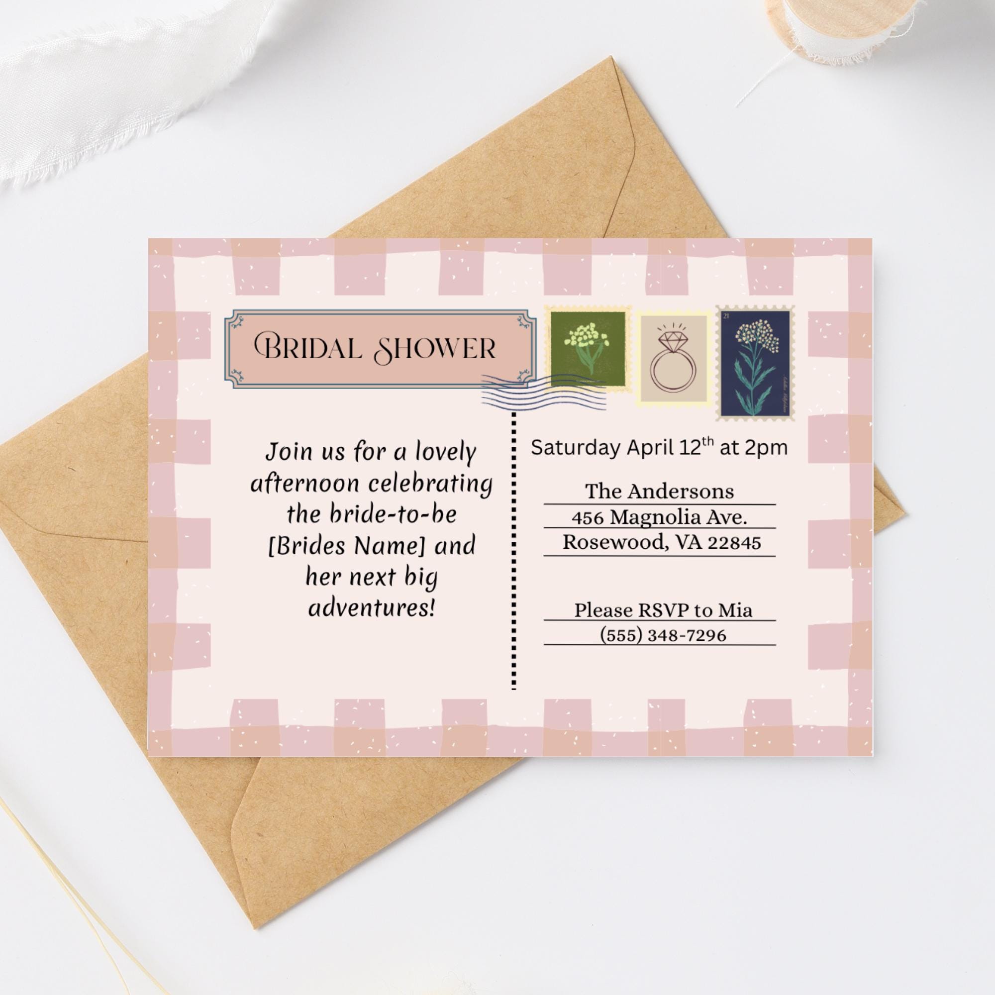 Pink Bridal Shower Postcard Invitation Digital Template for Big ...