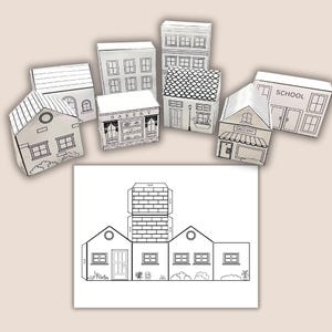 Città di carta 3D da colorare, edifici 3D stampabili per lavoretti di carta per bambini, case, negozi, stazioni dei vigili del fuoco e di polizia, 4 modelli vuoti e molto altro!