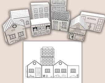 Colorable 3D paper city craft for kids, printable foldable buildings art project, DIY coloring activity houses, stores, community, and more!