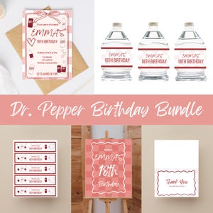 Pink Dr. Pepper Geburtstagsparty Bundle, Einladung, digital bearbeitbare Vorlagen, Willkommensschild, Wasserflaschenetiketten, Dankeskarten